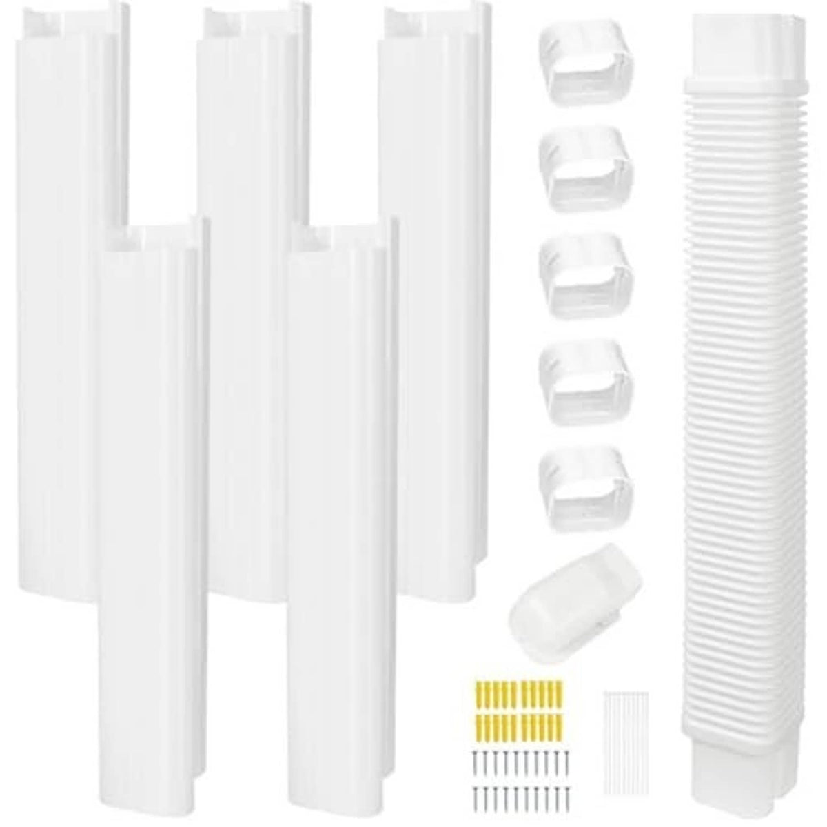 White PVC mini split line set cover kit with straight ducts, wall covers, couplings, flexible duct