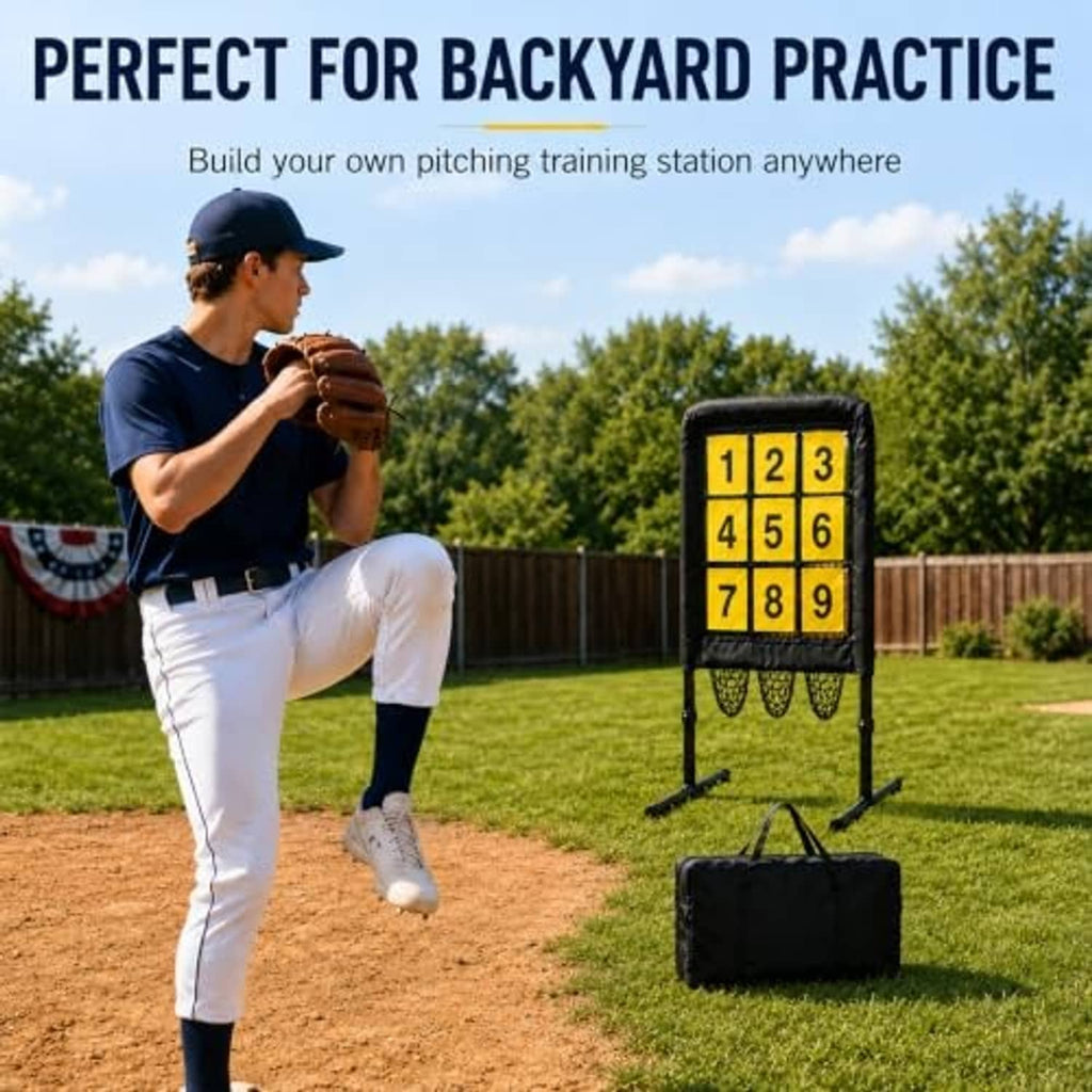 Backyard pitching net with numbered target grid and hanging pocket net