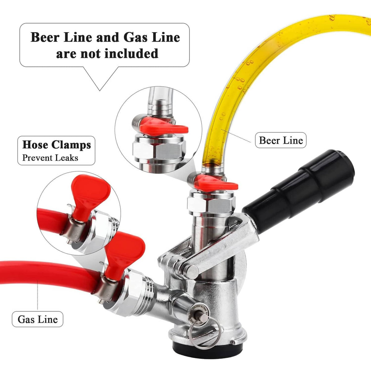 Stainless keg coupler D system with red hose clamps and connected beer line