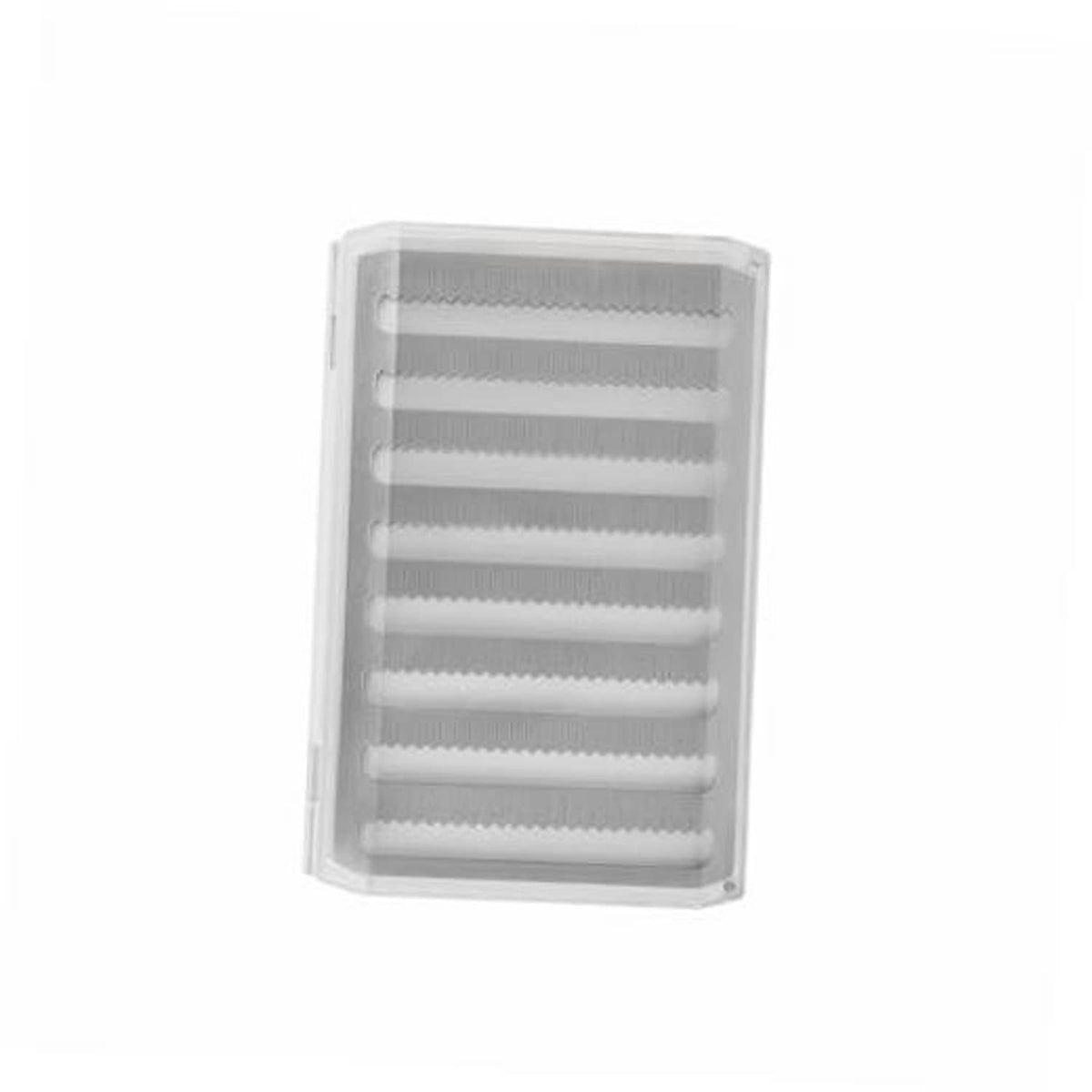 Clear plastic fly fishing box with hinged lid and ribbed compartment dividers
