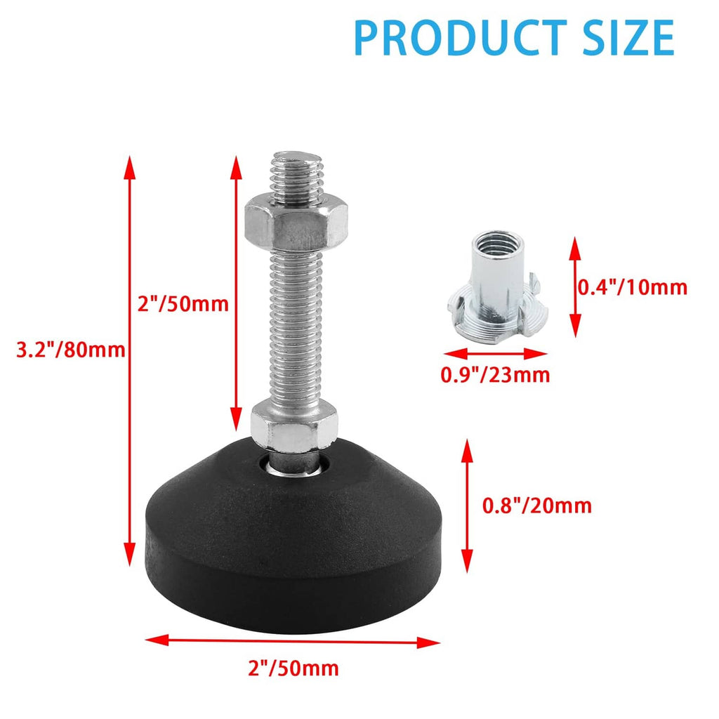 Black M10 leveling foot with threaded stud and base, shown with size diagram