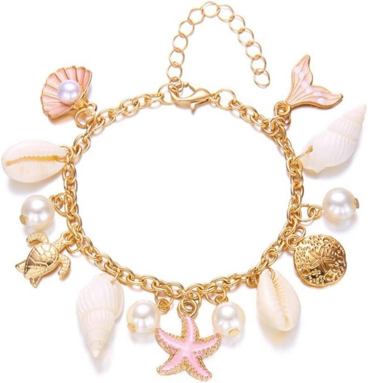 Gold-tone ocean charm bracelet with pearl beads, pink starfish, and multiple seashell pendants