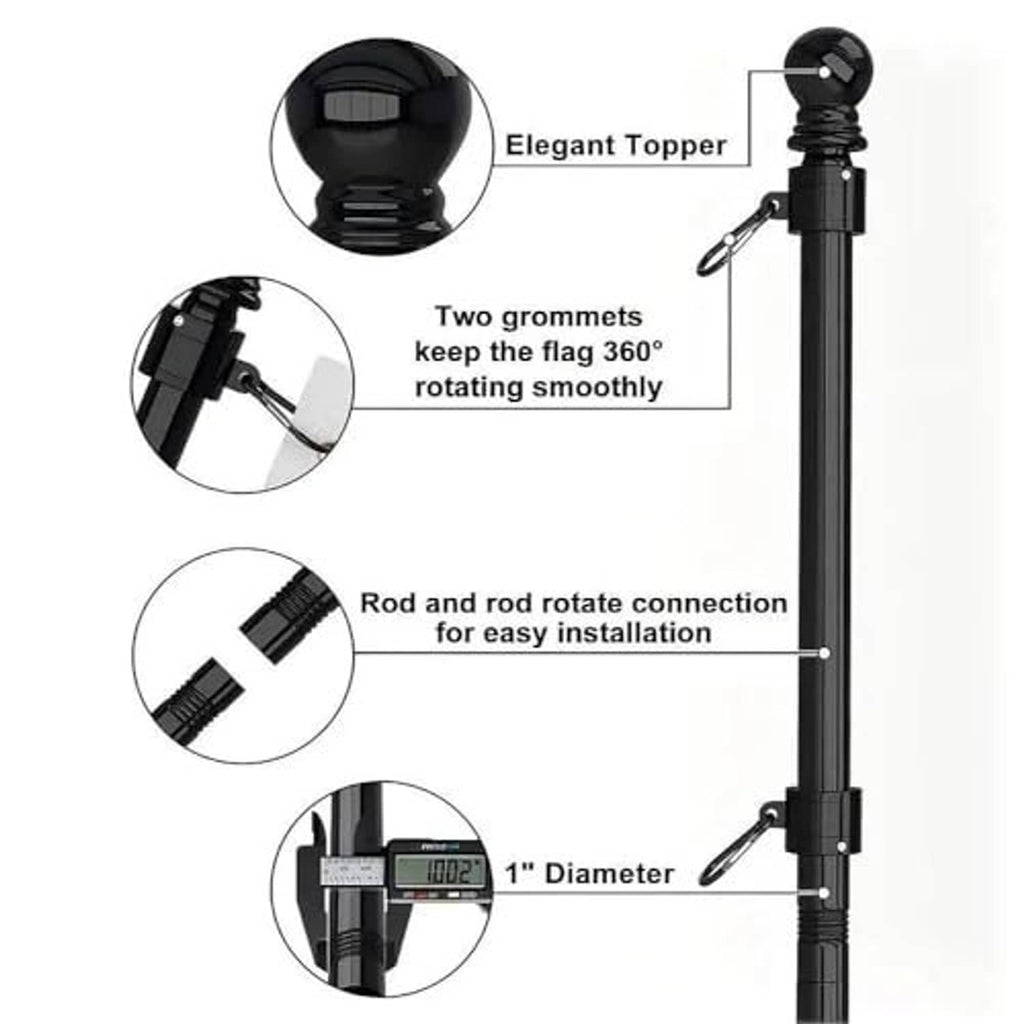 Black flag pole with rotating top topper and two grommets for smooth 360° movement
