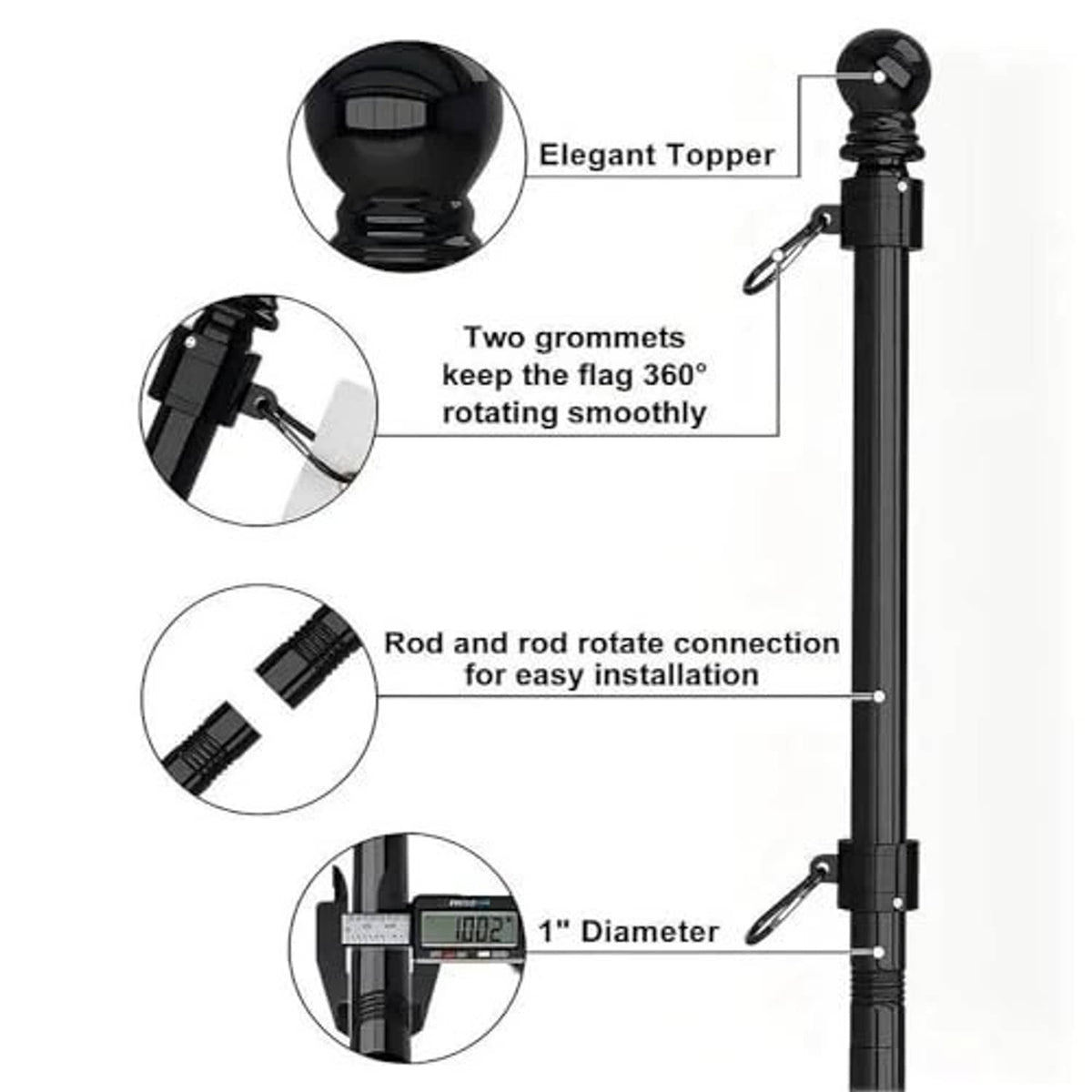 Black flag pole with rotating top topper and two grommets for smooth 360° movement