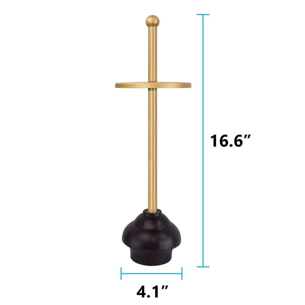 Gold toilet plunger with holder; black rubber plunger head and base