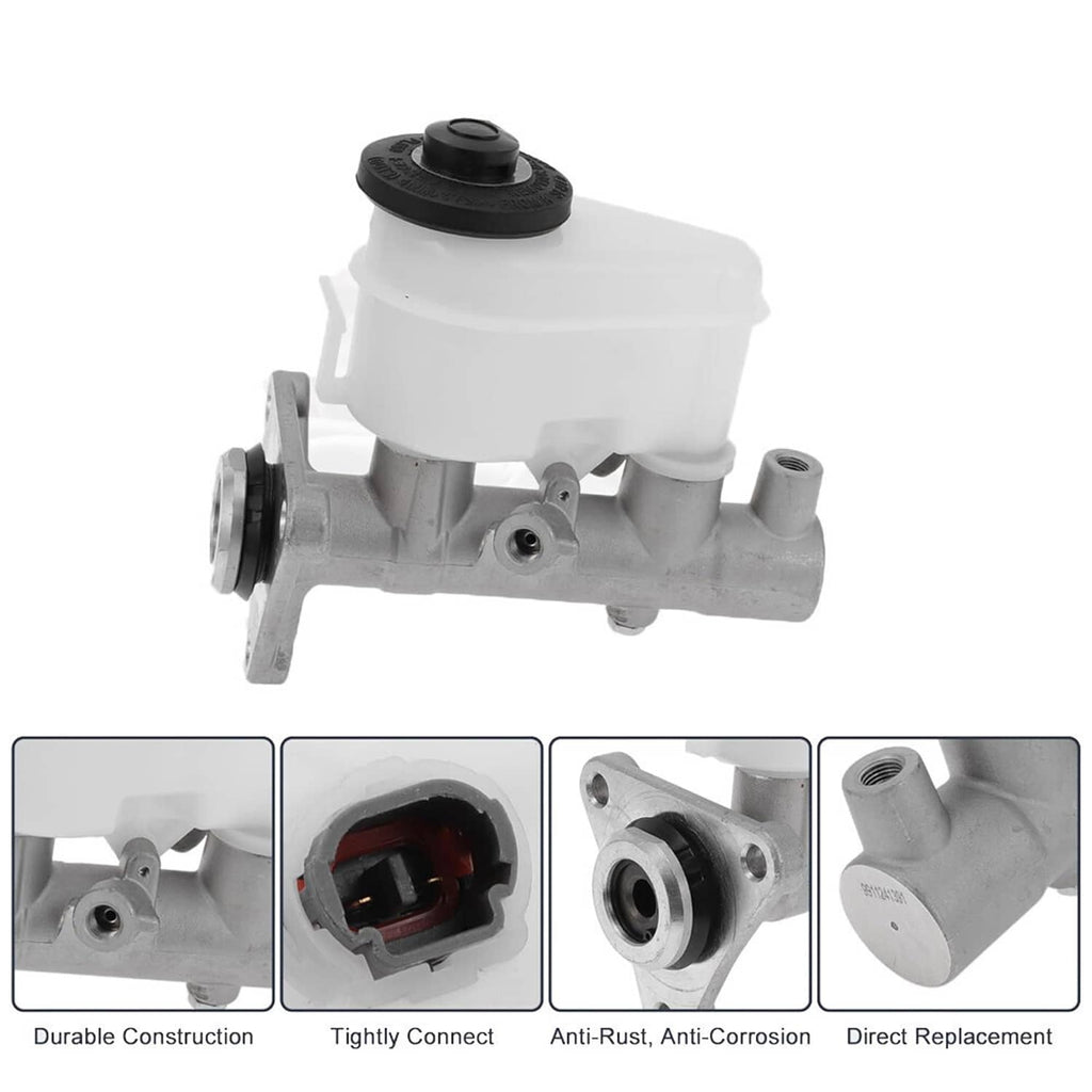 Brake master cylinder with white reservoir, black cap, and four mounting points