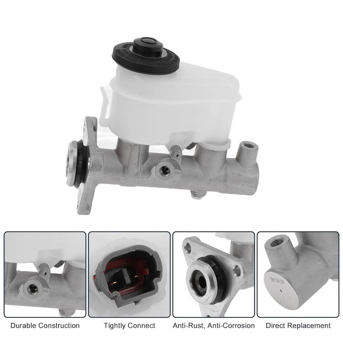 Brake master cylinder with white reservoir, black cap, and four mounting points