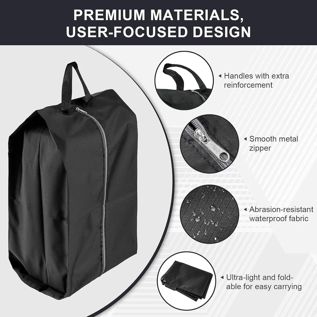 Black foldable shoe bags with smooth metal zipper and reinforced top handles