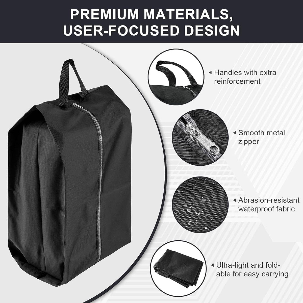 Black foldable shoe bags with smooth metal zipper and reinforced top handles