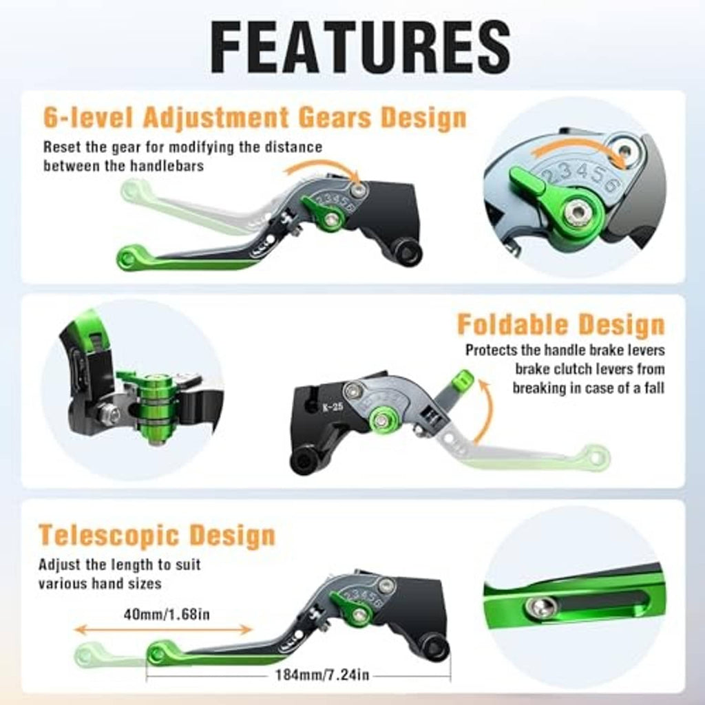Adjustable folding motorcycle brake and clutch levers in green with black base