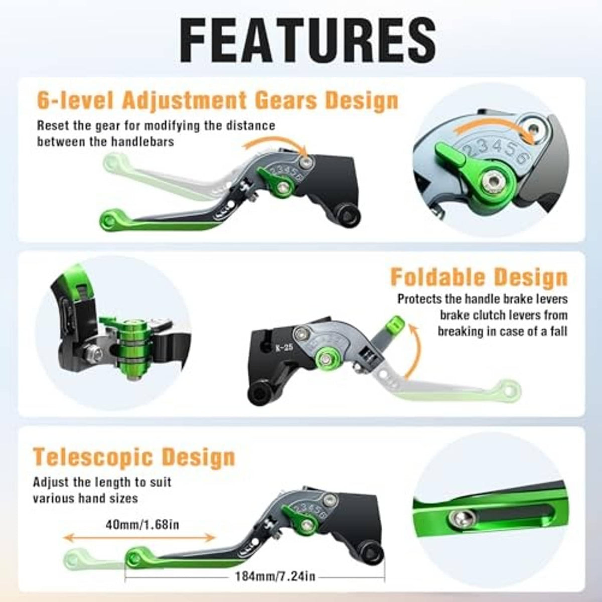 Adjustable folding motorcycle brake and clutch levers in green with black base