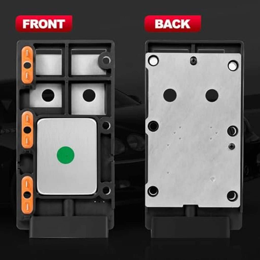 Ignition control module front and back views with gray plate and orange side connectors