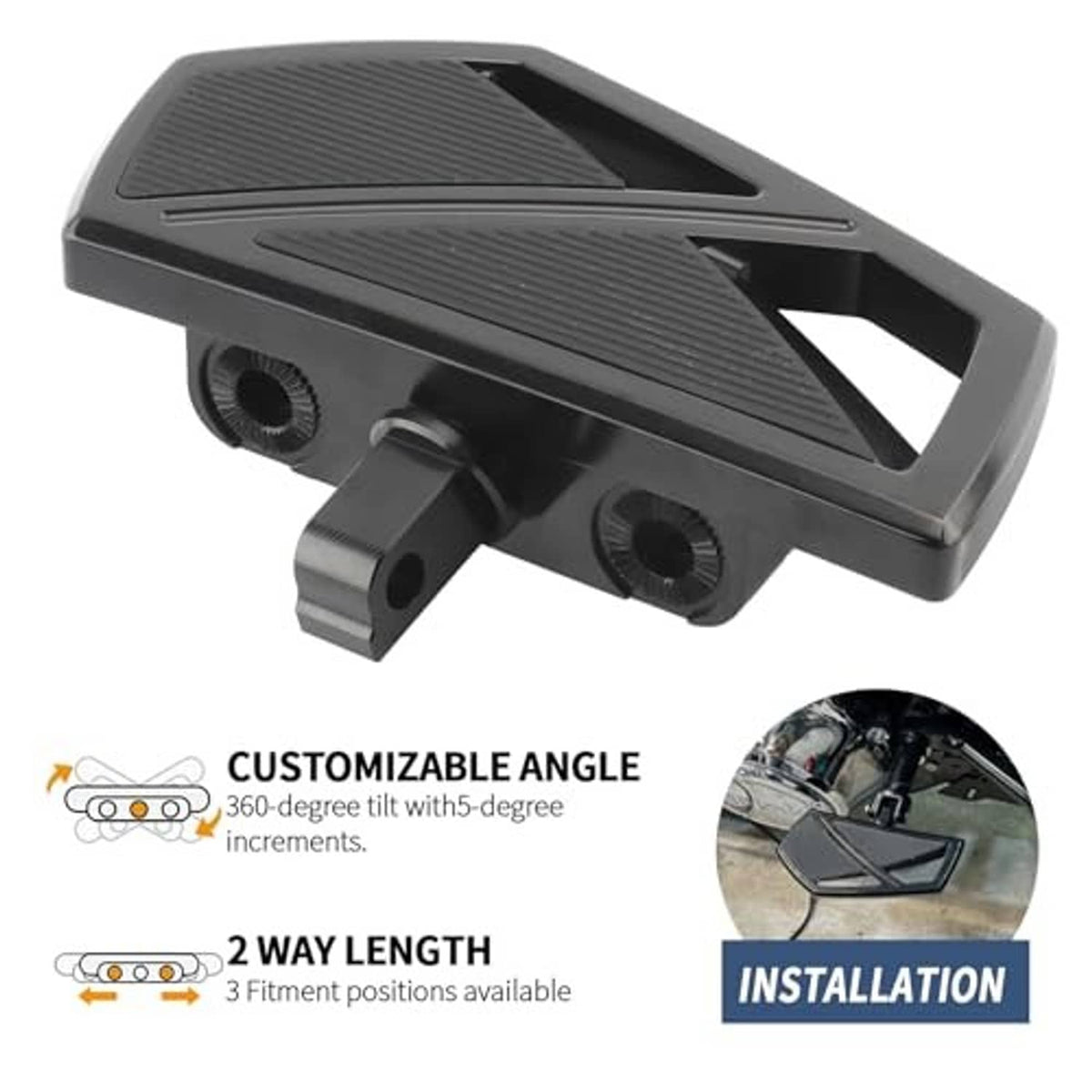 Black adjustable motorcycle mini floorboard peg with textured top and hinge brackets