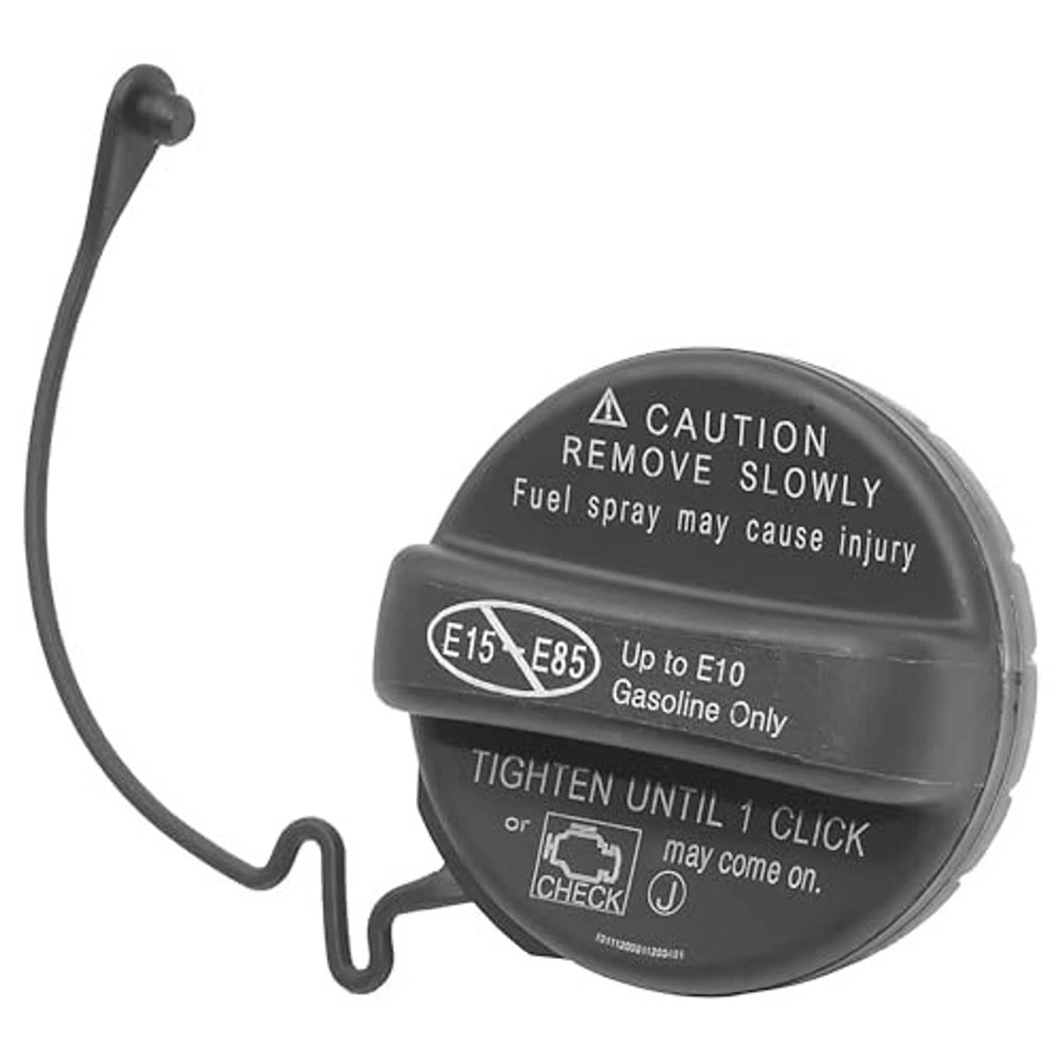 Black fuel tank gas cap with attached hose, caution remove slowly and E15-E85 label