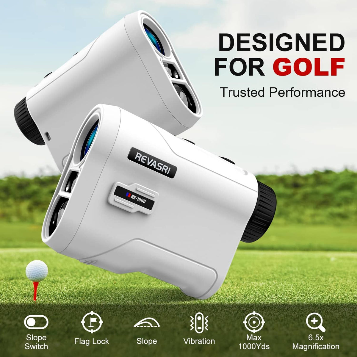 White golf rangefinder binocular-style device with black focus dial and front lens.