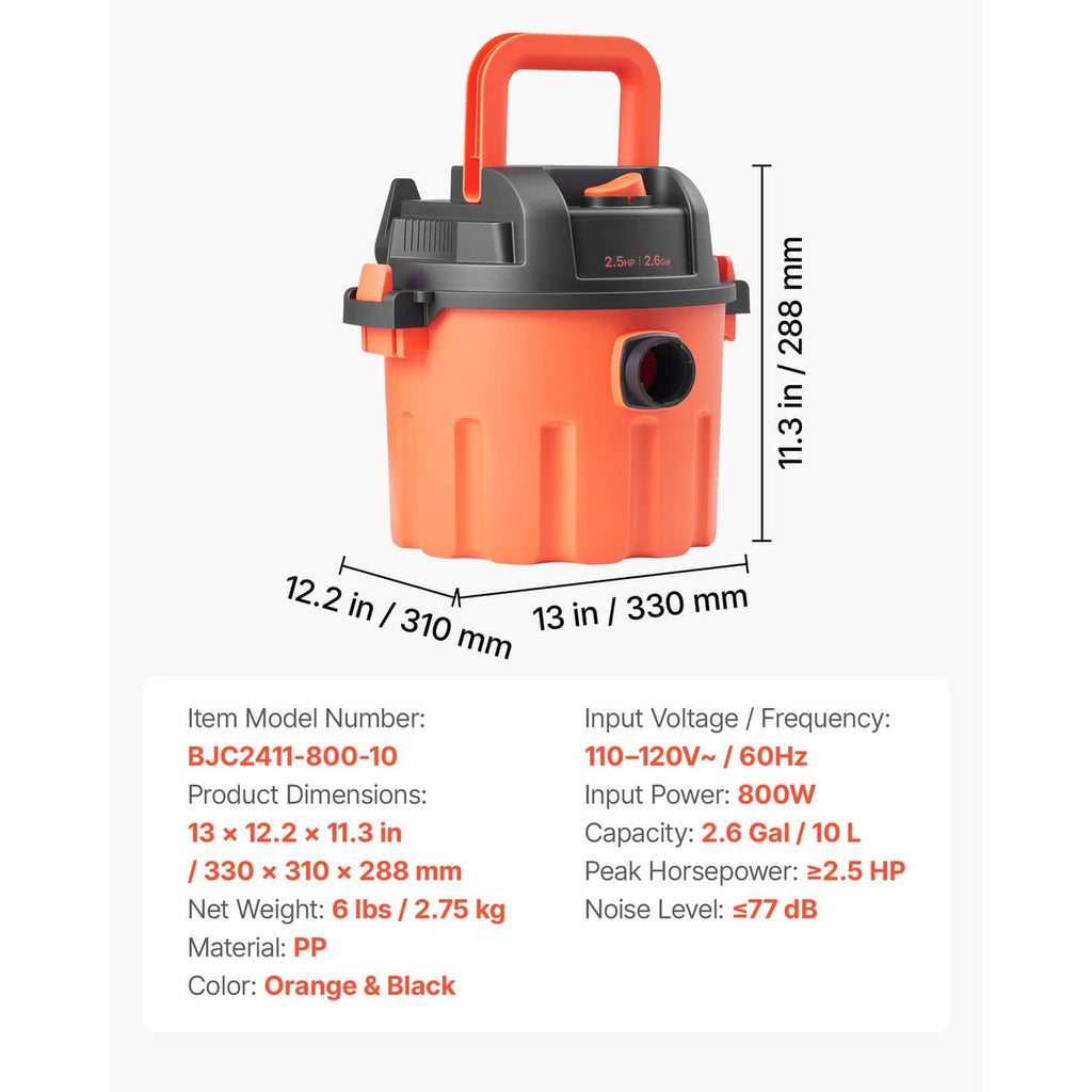 Orange and black shop vacuum with handle, side port, and compact nozzle set