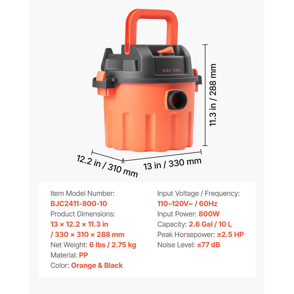 Orange and black shop vacuum with handle, side port, and compact nozzle set