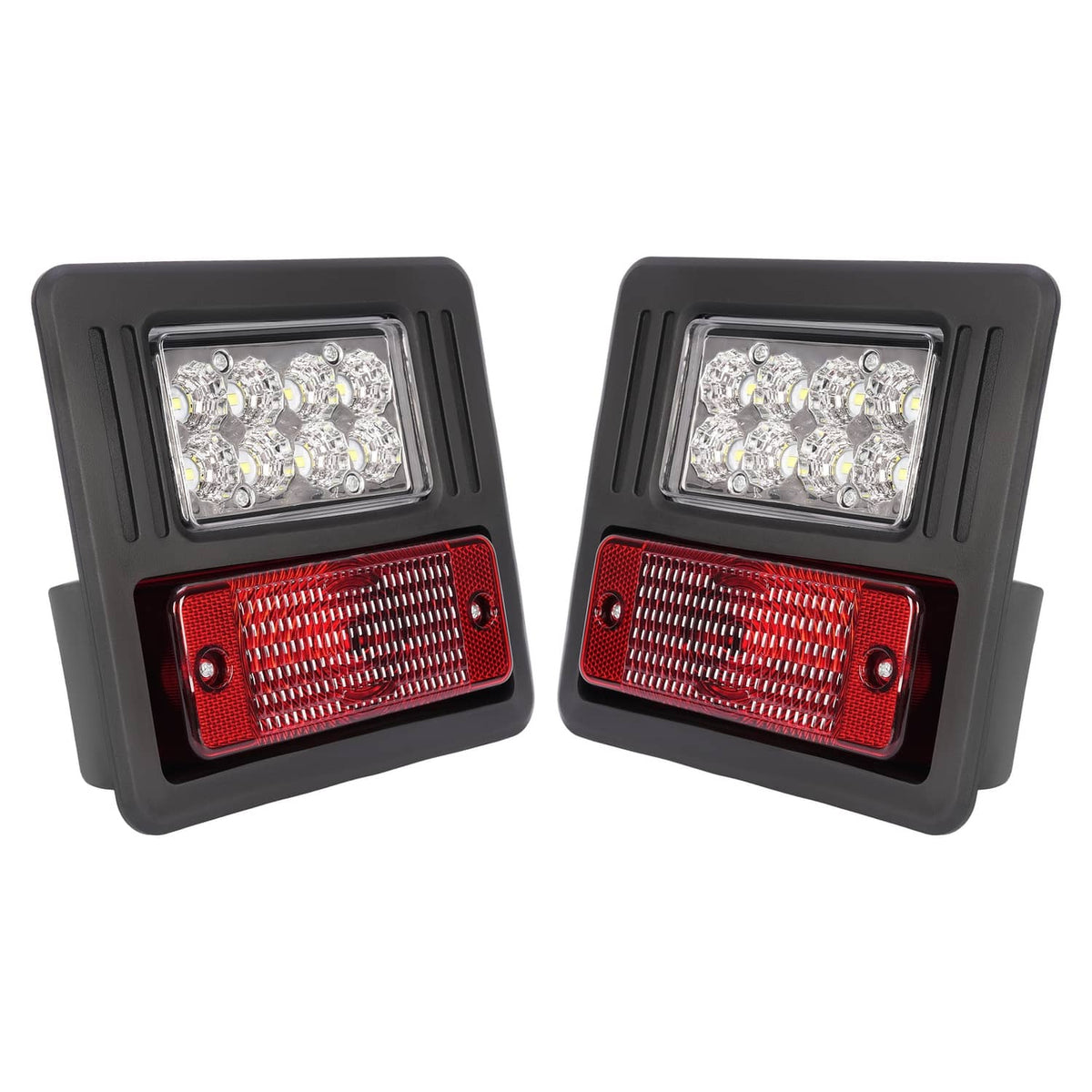 Pair of LED rectangular red/clear exterior lamps with black mounting frames