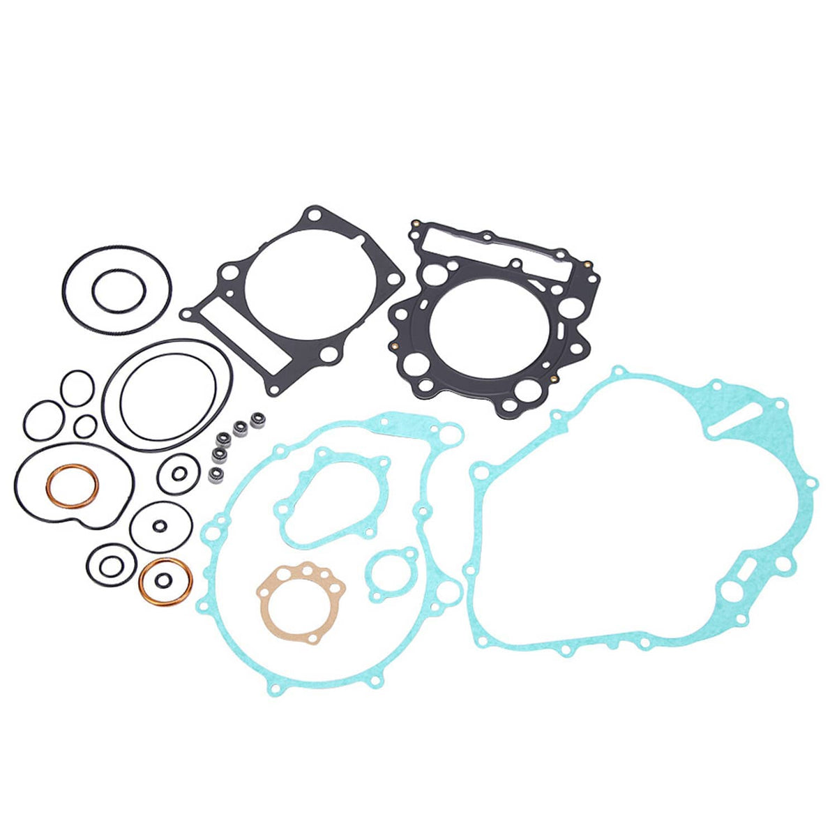Top and bottom end gasket kit with blue gaskets, black plates, and small seal rings