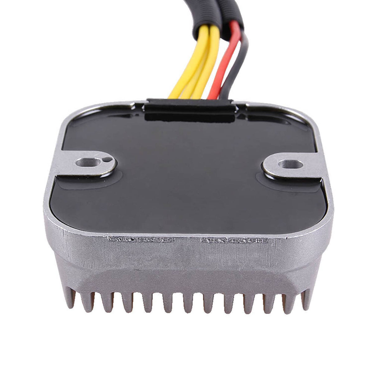 Voltage regulator rectifier top cover with mounting holes and cooling fins