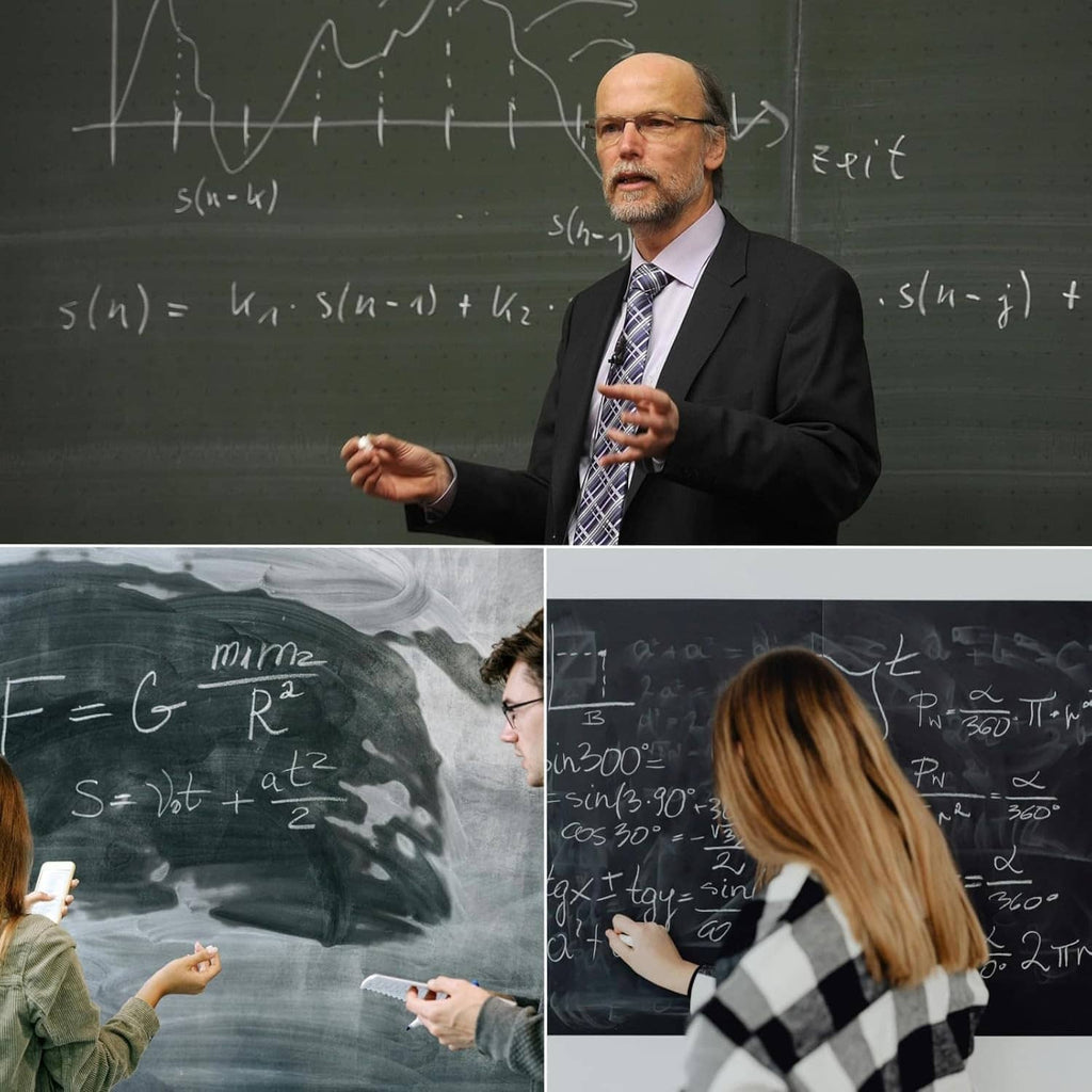 Classroom chalk use: teacher and students holding chalk on chalkboards
