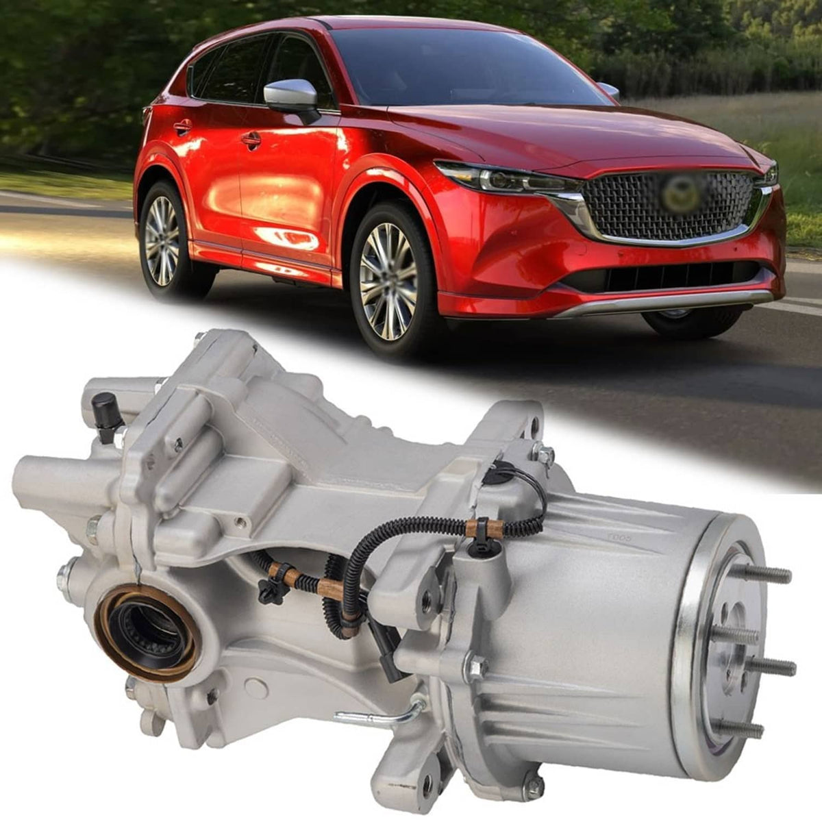 Rear axle differential assembly, silver gearbox with round mounting seals and wiring harness