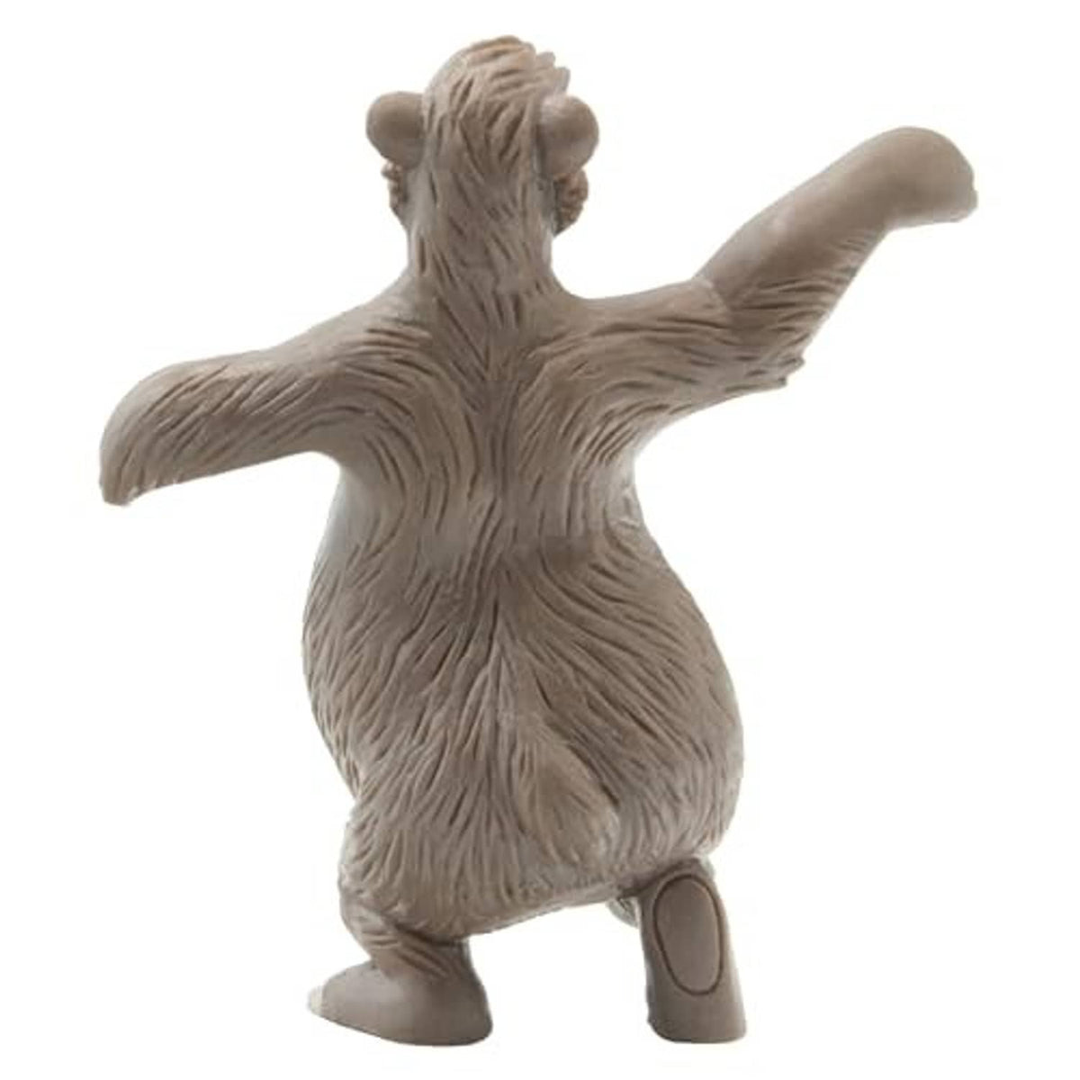 Painted bear toy figure, grey fur, back/side view with raised arms and legs apart