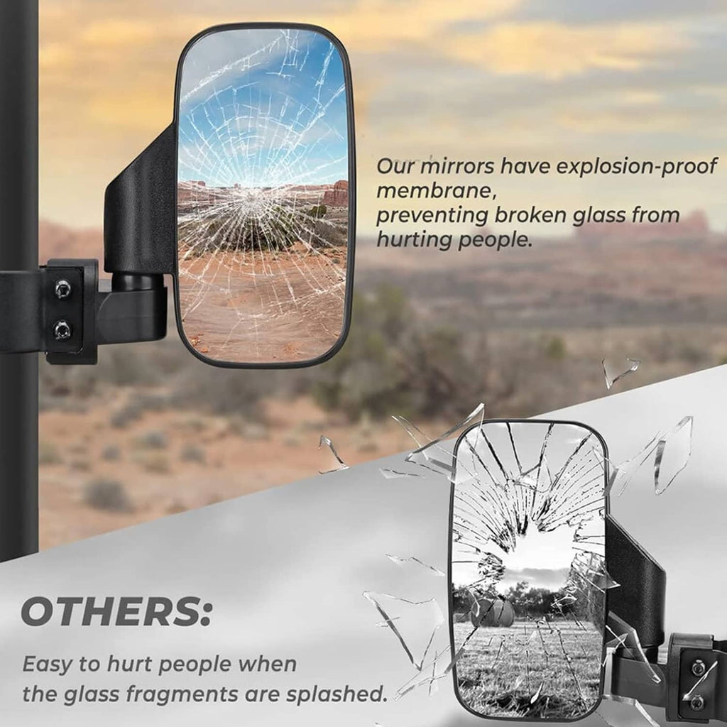 Side mirror with reflective panel and protective impact pattern on the glass