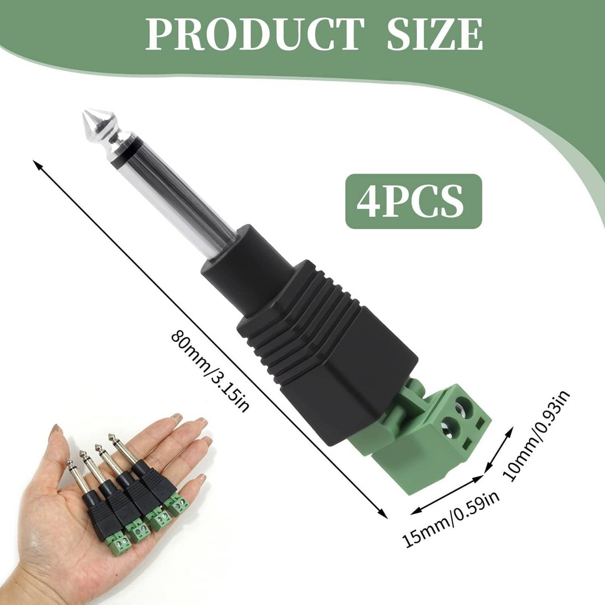 6.35mm mono audio jack plug with black housing and green 2-pin screw terminal