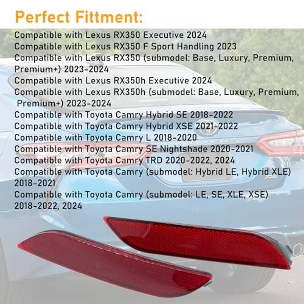 Red rear bumper reflector lens pair mounted on a car, angled close-up