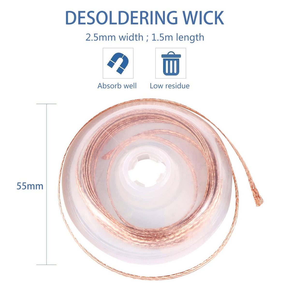Coiled copper solder wick roll, about 55mm diameter