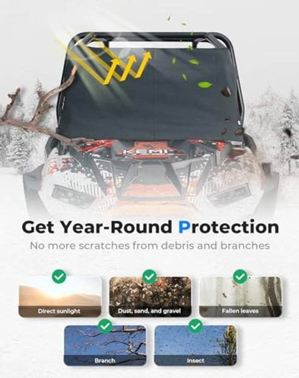 Black UTV windshield cover with multiple straps for debris and branch protection