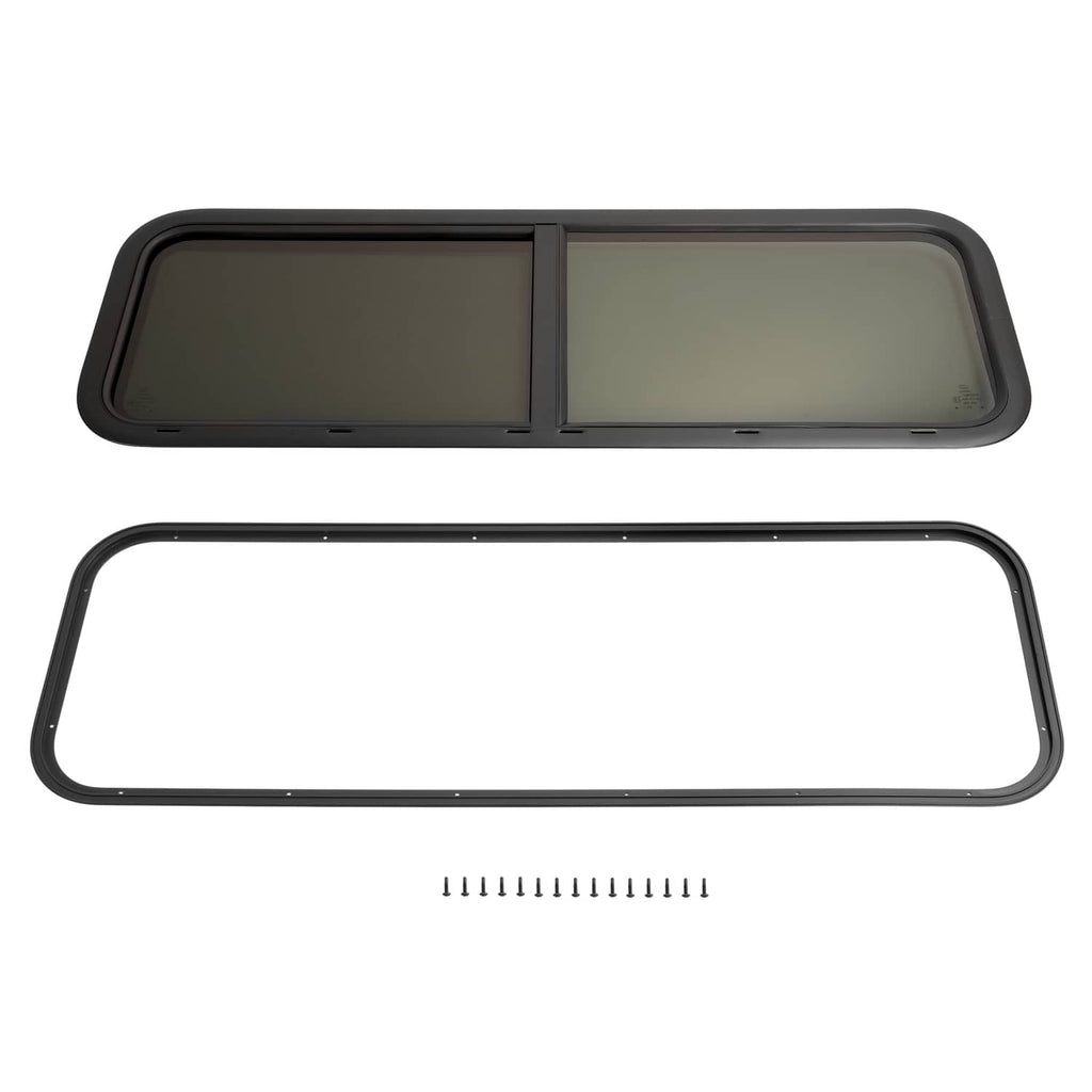 Horizontal sliding RV window with dark trim and tinted dual panels