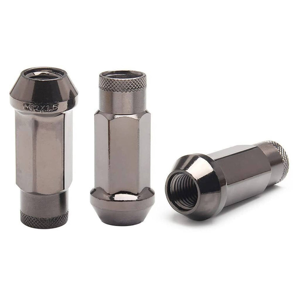 Close-up of extended wheel lug nuts showing threaded holes and knurled grip