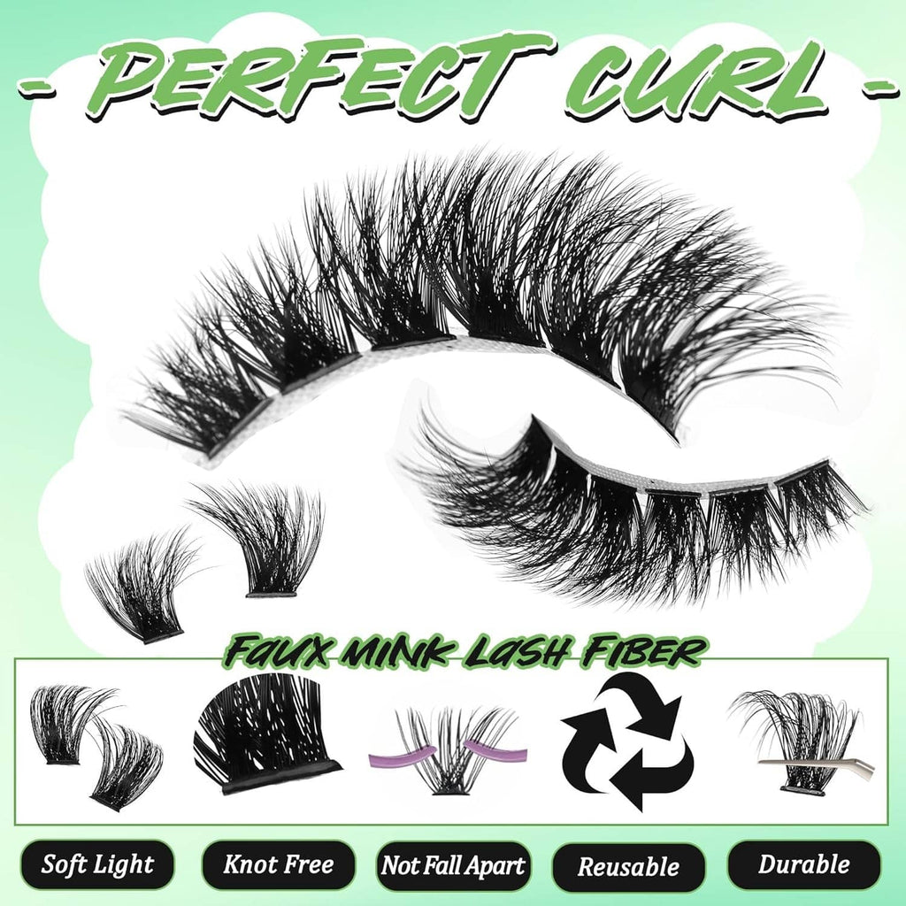 Black wispy cat-eye false lashes set with curved band and small cluster pieces