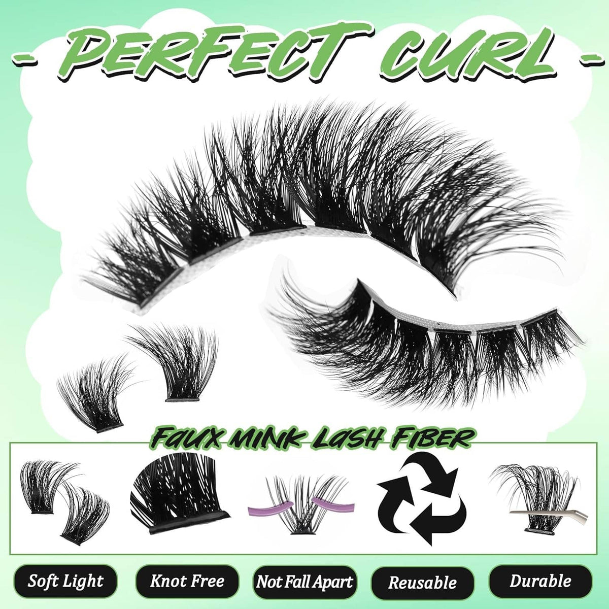 Black wispy cat-eye false lashes set with curved band and small cluster pieces