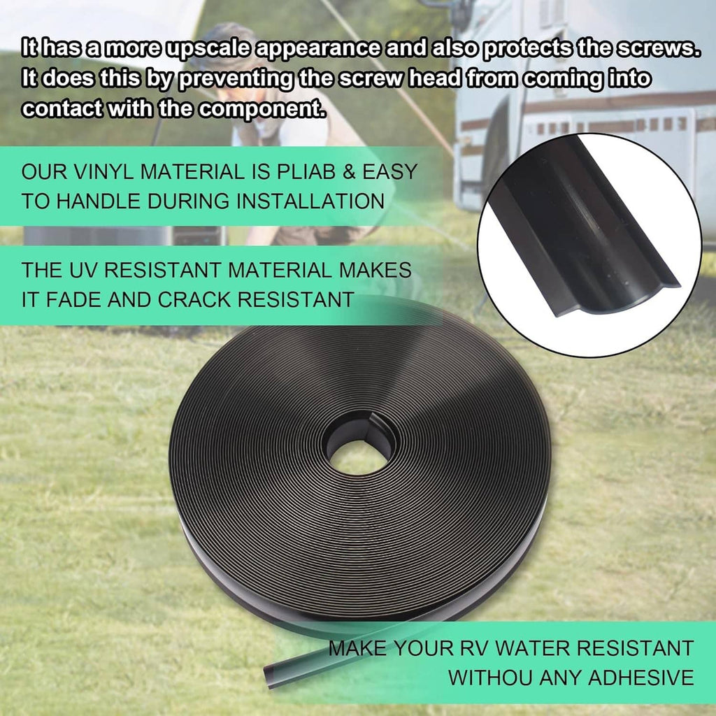 Black vinyl trim molding screw cover roll on outdoor lawn with partial strip