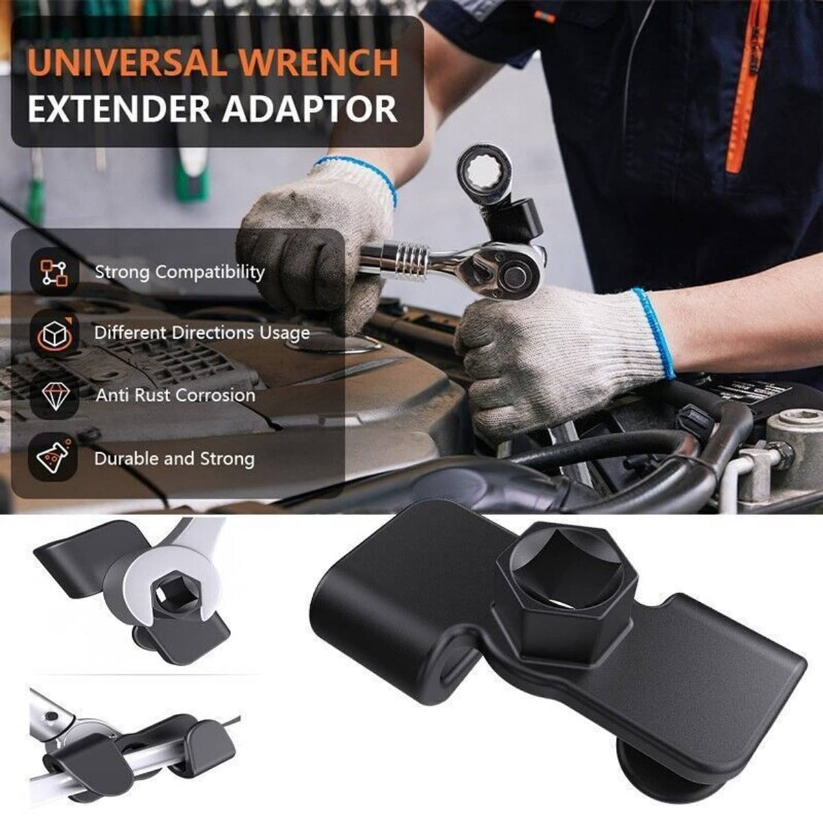 Black universal wrench extender adaptor with square drive opening and lever