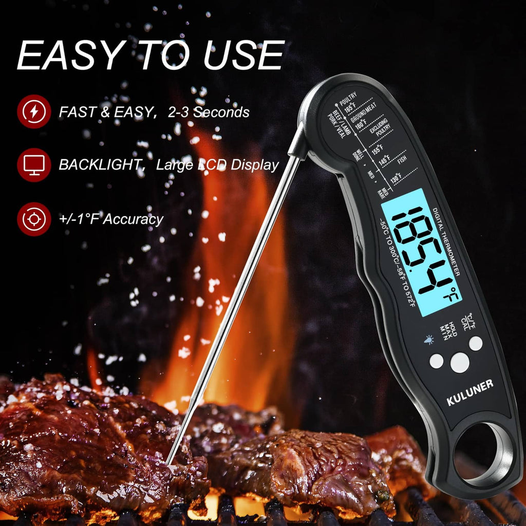 Instant read thermometer with backlit LCD, long stainless probe, black body.