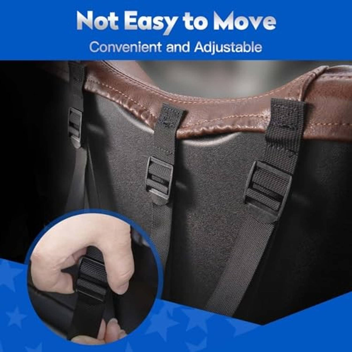 Brown leather-look seat cover with adjustable elastic strap on side