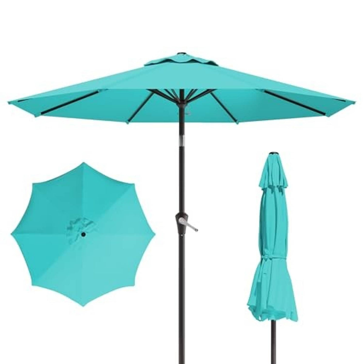 Teal patio umbrella with push-button tilt handle and folded umbrella cover