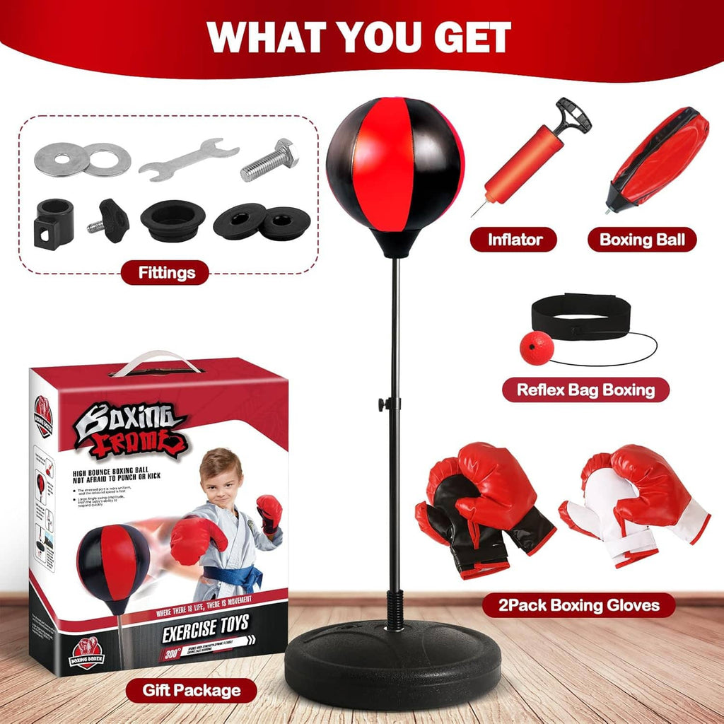 Kids reflex punching bag kit with inflator, boxing ball, gloves, fittings, and base