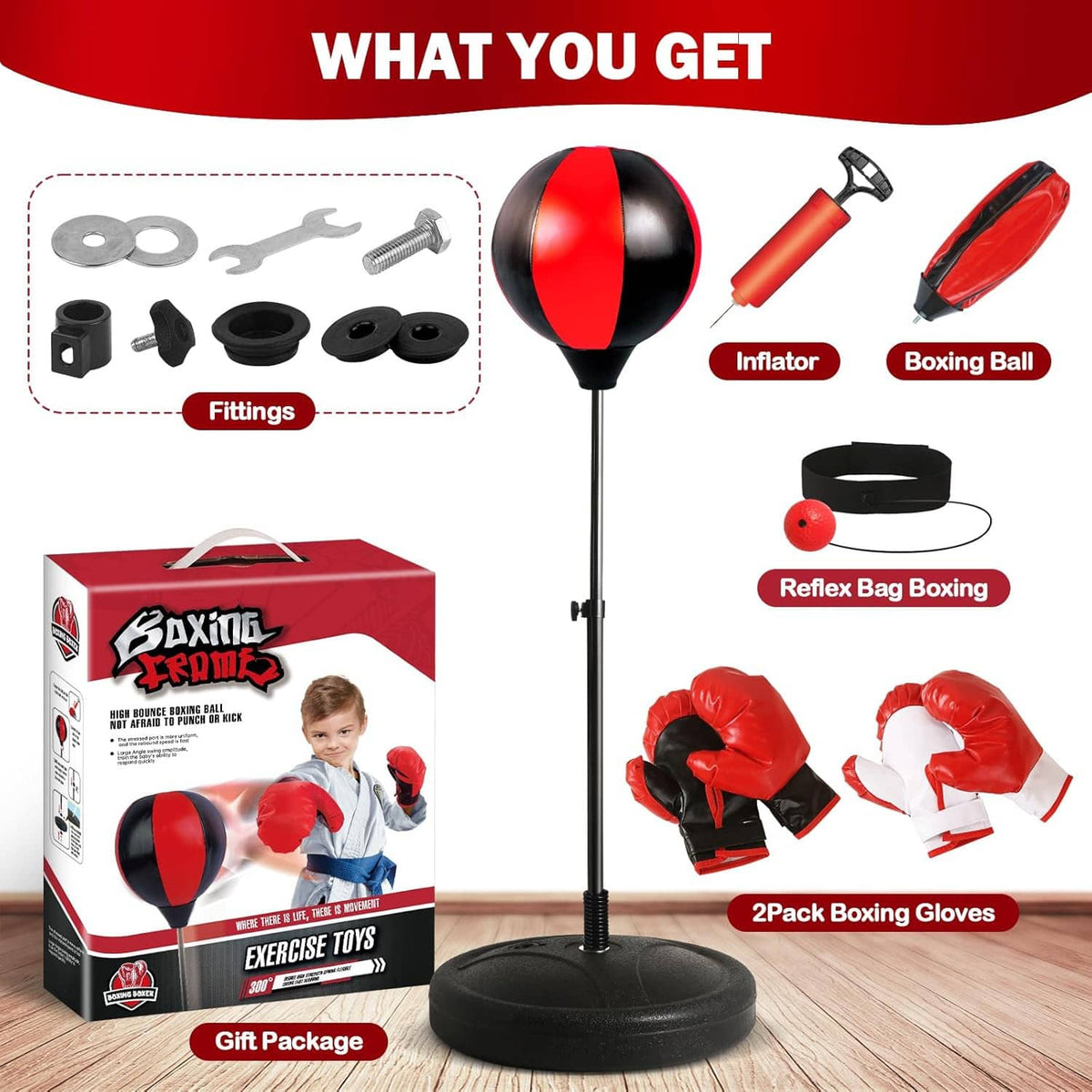 Kids reflex punching bag kit with inflator, boxing ball, gloves, fittings, and base