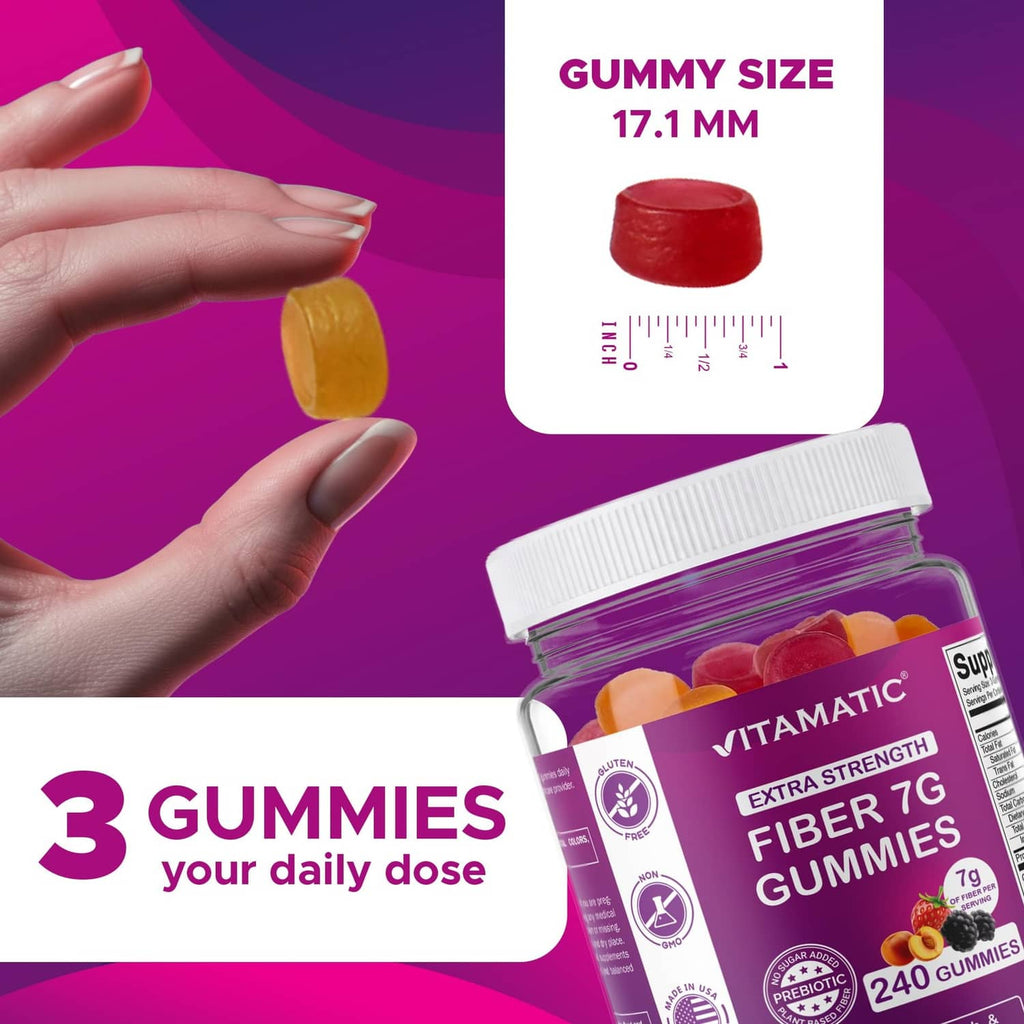 Vitamatic fiber gummy size shown with red gummy sample and jar