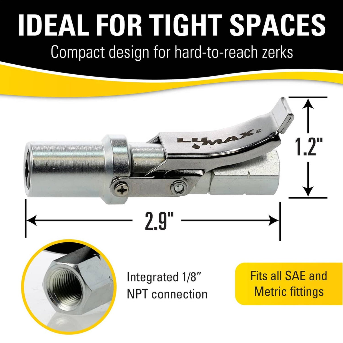 Compact silver quick release grease coupler with curved thumb lever and port end