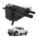 Engine coolant reservoir tank with cap and two outlet hoses, black housing and translucent reservoir