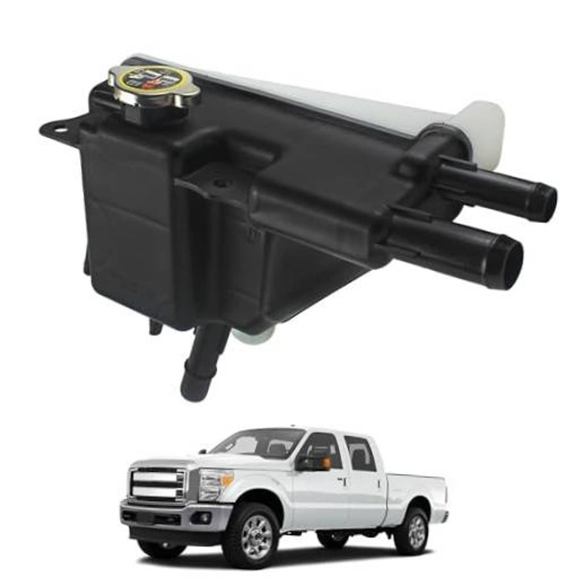 Engine coolant reservoir tank with cap and two outlet hoses, black housing and translucent reservoir