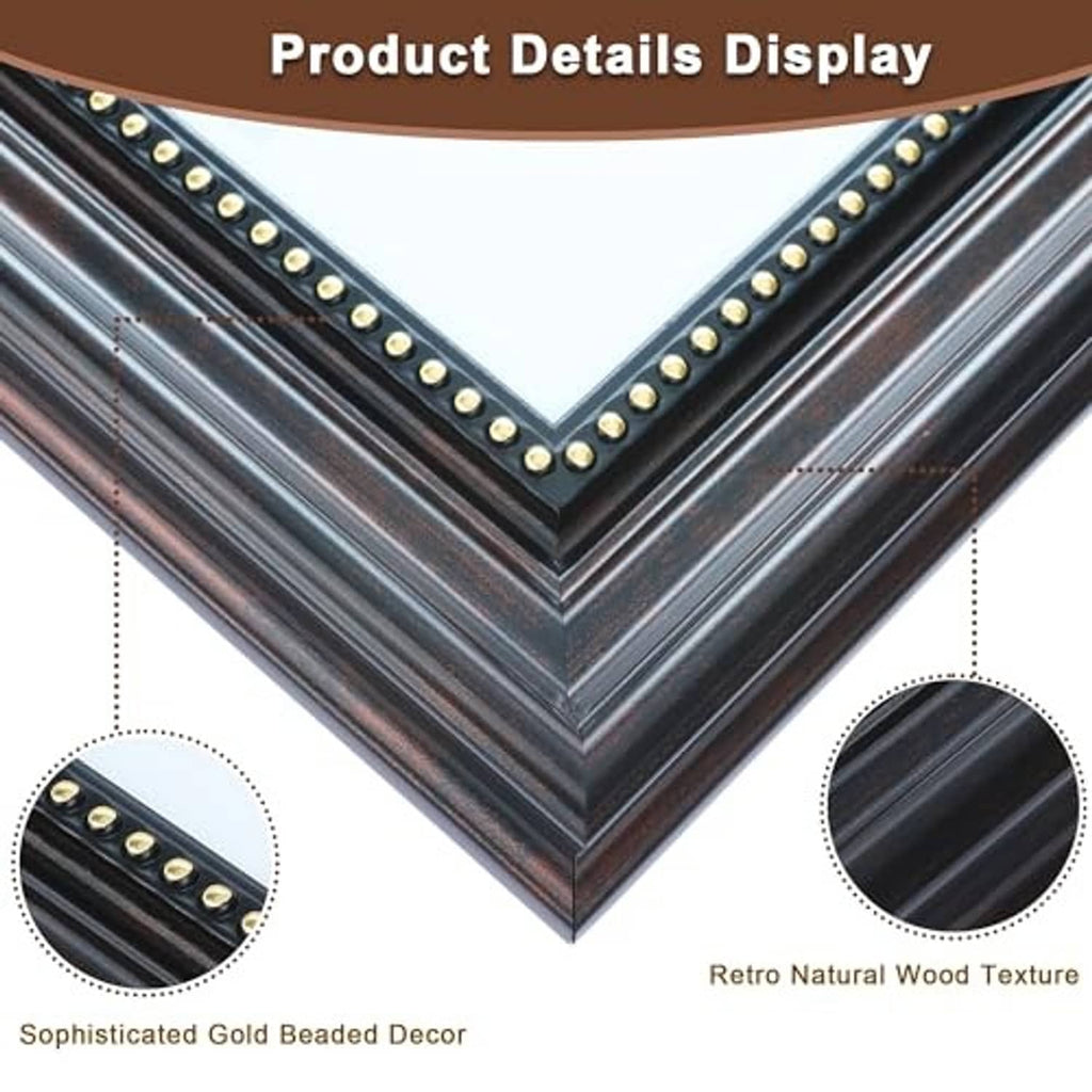 Corner close-up of vintage black picture frame with gold bead trim and inner border detail.