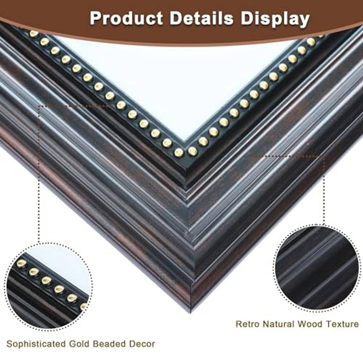 Corner close-up of vintage black picture frame with gold bead trim and inner border detail.