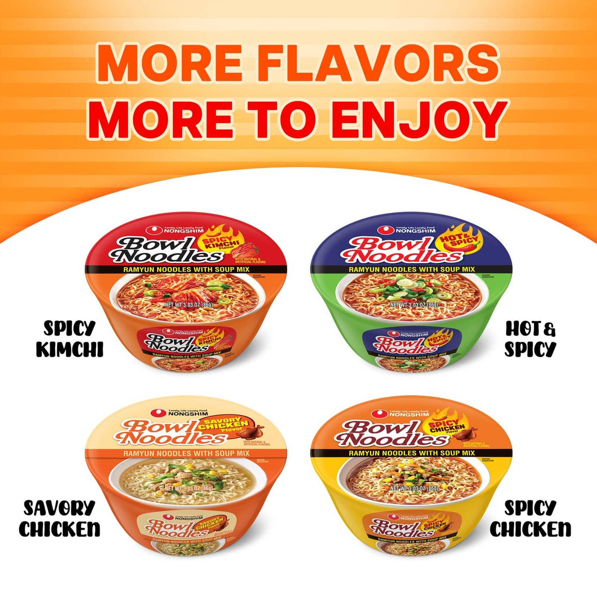 Assorted instant ramen bowls in four flavors with different colored cup designs